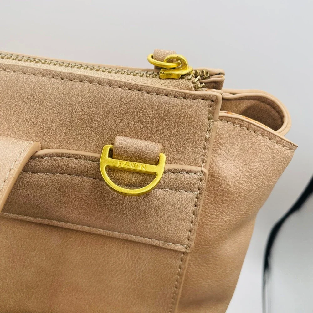 FAWN Square Backpack Diaper Bag Tan Faux Leather Gold Tone Hardware